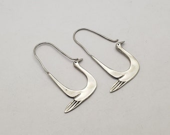 Vintage Solid Sterling Silver Elongated Hook Thin Sleek Abstract Swan Earrings 1-3/4" long x 1" wide 6.2 grams MH-5056 SE