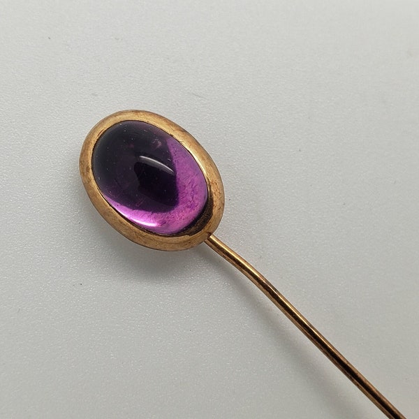 Estate Antique Victorian Edwardian Era 10K Solid Gold Genuine Amethyst Cabochon Head Stick Pin 2-1/2" long circa 1900's MH-218 SP