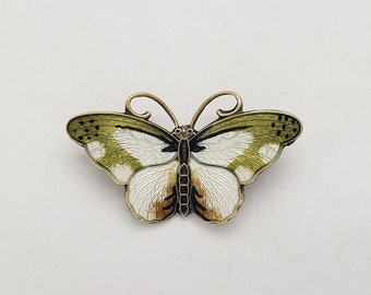 Mid-Century HROAR PRYDZ Guilloche White & Green Enamel Solid Sterling Silver Butterfly Brooch Pin 1-1/4" x 5/8" circa 1950s MH-5240