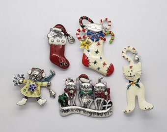 Vintage Christmas Holiday Enamel Cat Costume Brooch Sweater Pins lot of 5 MH-4668 B