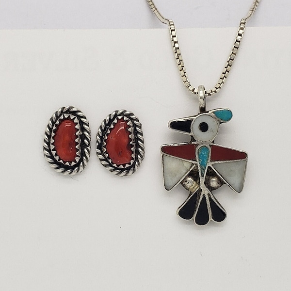 Southwestern Native American Zuni Peyote Bird Solid Sterling Silver Mosaic Pendant 1" on Sterling Box Chain 16" w/Red Coral Studs 1/2" M4914
