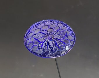 Antique Sapphire Blue Carnival Glass Bumble Bee on Honeycomb Long Hatpin 10-1/2" long Head 1-3/8" around circa 1900's MH-5084 HP