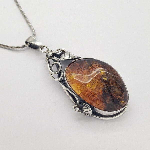 Vintage Art Nouveau Style Solid Sterling Silver Golden Brown Amber Pendant 3-1/8" long 1-1/2" wide x 3/8" deep 28.7 grams PENDANT ONLY M4661