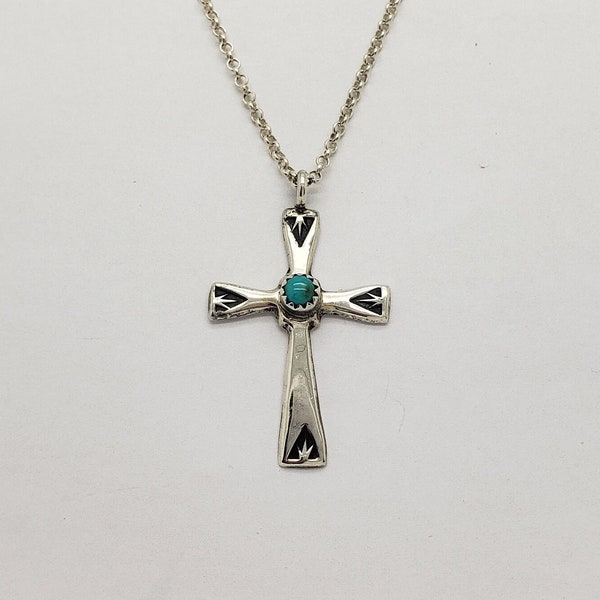 Vintage Southwestern Style Genuine Turquoise Solid Sterling Silver Cross Pendant 1-1/2" long on Sterling Rolo Chain Necklace 18" long MH5061