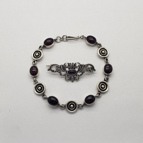 Vintage Art Nouveau Revival Genuine Garnet Solid Sterling Brooch 1-5/8" long w/Oval Garnet Sterling Silver Bracelet 7-5/8" long MH-2062bb