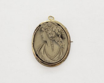 Antique 14K Solid Gold Grey Lava Stone Greek Classical Relief Ariadne Cameo Brooch Pendant 1-7/16" long circa 1910s-1920s "AS IS" MH-4977