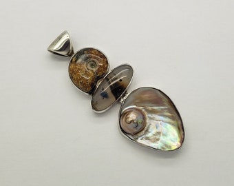 Vintage STARBORN Blister Pearl Agate & Sea Ammonite Fossil Solid Sterling Silver Hinged Pendant 3-3/8" long x 1-1/4" wide x 1/2" MH-702 SP