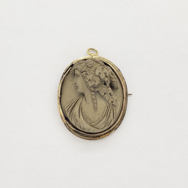 Antique 14K Solid Gold Grey Lava Stone Greek Classical Relief Ariadne Cameo Brooch Pendant 1-7/16" long circa 1910s-1920s "AS IS" MH-4977