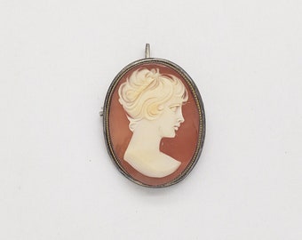 Antique Victorian Style Shell Cameo 800 Solid Silver Pendant Brooch 1-1/4" long x 7/8" wide 5.3 grams circa 1920s-1930s MH-5134