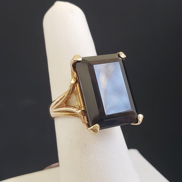 Mid-Century Plainville Stock Co. PSCo 10K Solid Gold Large Emerald Cut Genuine Smokey Quartz Ring 8.8 grams size 6-3/4 circa 1950s MH-5041GR