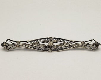 Antique Art Deco Style Solid Sterling Silver Bar Pin Brooch 3&quot; long x 1/2&quot; wide w/Glass Stones (Missing One) circa 1930s-1940s MH-3012 SB