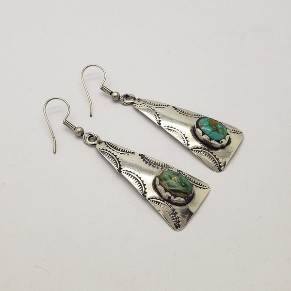Authentic ARTHUR R LUJAN Pueblo Indian Silversmith Solid Sterling Silver Genuine Southwestern Turquoise Earrings 2-1/2" long 7.2 grams 4644