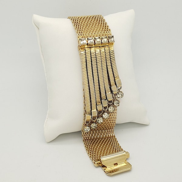 Mid-Century VOLUPTE Hollywood Glamour Style White Rhinestone Wide Gold-Tone Mesh Band Bracelet 7" long x 15/16" wide 46.8 grams MH-4802 BR