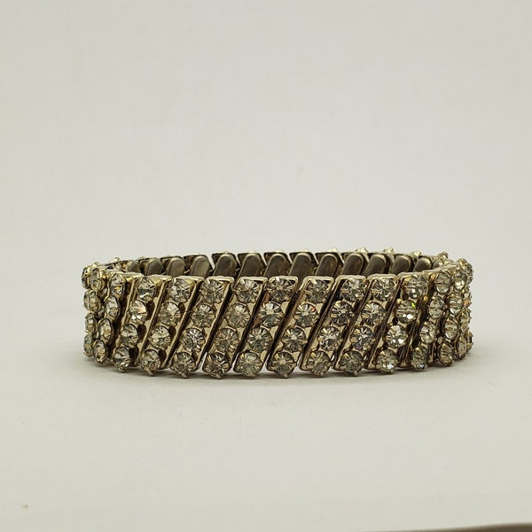 Estate Mid-Century White Rhinestone Petite Stretch Bracelet 5-1/2" around x 5/8" wide circa 1950's MH-722 B