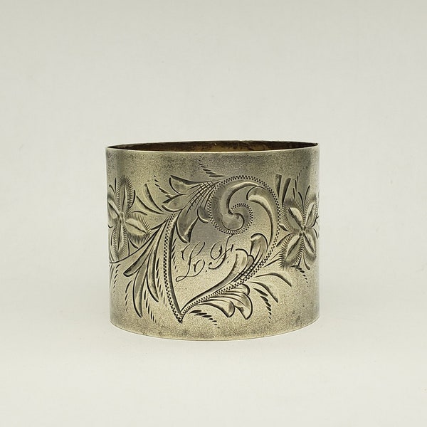 Antique Simpson, Hall, Miller & Co. Solid Sterling Silver Floral Motif Napkin Ring #C207 Monogramed "LF" 20.2 grams ca. 1895-1898 MH-5205