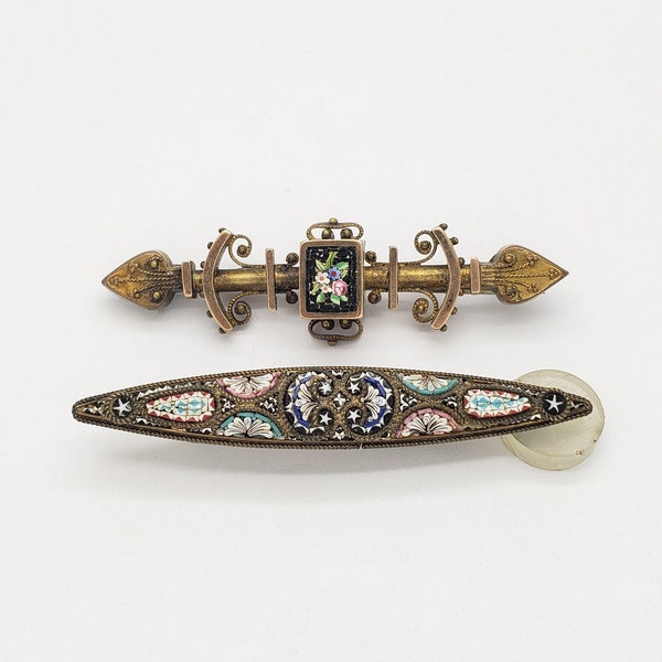 Antique FAP FABBRICA Angelo Pessar Micro Mosaic Oval Pin + Etruscan Style Pin lot of 2 Brooches 1870s-1890s Victorian Aesthetic Era M4855