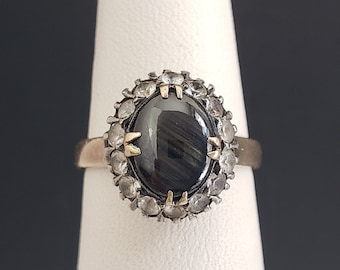 Estate 14K Solid Gold Genuine Chatoyant Black Sapphire & White Sapphire Halo Ring size 5-1/4 w/Raised Basket Setting Mid-Century MH-543GR