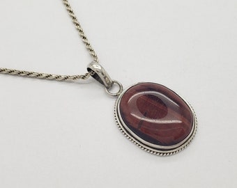 Vintage Red Tiger Eye Solid Sterling Silver Braided Bezel Oval Pendant 2" long on 20" Sterling Rope Chain Necklace 1.75mm thick MH-4104 SPN