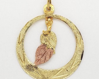 Vintage LANDSTROM's J. Co. Black Hills Gold 10K Solid Yellow & Rose Gold Round Leaf Pendant 1-1/16" long x 3/4" wide 1.1 grams MH-5618