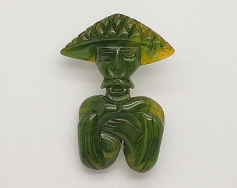 Estate Antique Green Bakelite Catalin Carved Asian Figural Brooch 2" long x 1-1/2" wide x 3/8" deep circa 1920s-1930s MH-3078 B