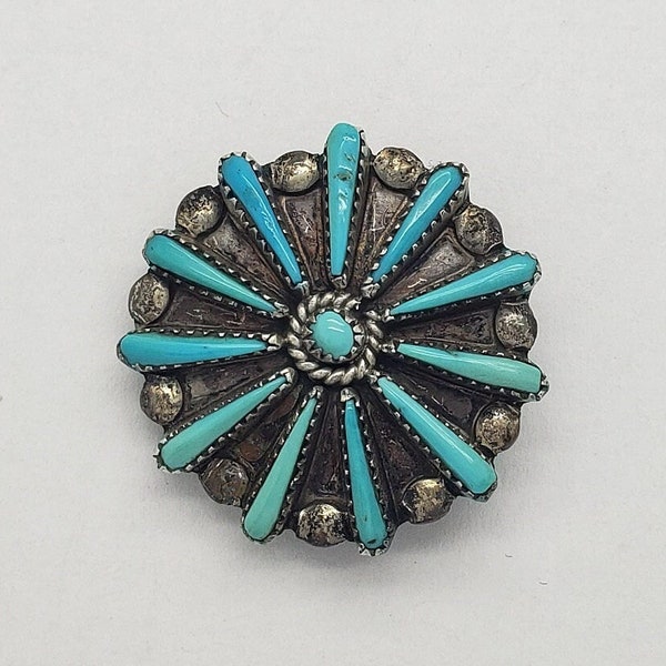 VERNON & JUDY WALLACE Zuni Southwestern Native American Petit Point Turquoise Solid Sterling Silver Brooch Pendant 1" Round mh-4173 sp