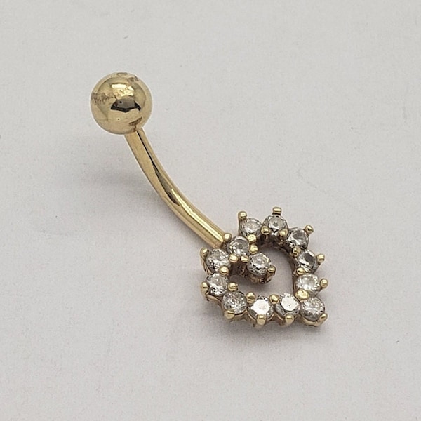 Estate 14K Solid Gold Glass Stone Heart Belly Button Navel Ring 15/16" long 1.3mm gauge 1.2 grams MH-4436