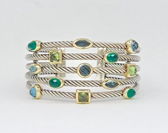Vintage DAVID YURMAN 1990s Confetti Collection 18K Gold Sterling Silver 5-Row Twisted Cable Cuff Bracelet w/Chrysoprase Peridot Topaz MH6902