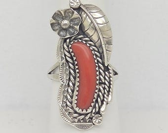 Vintage Southwestern Native American Navajo Style Red Coral Kidney Bean Shaped Solid Sterling Silver Ring 6.15 grams size 7-3/4 MH-7011
