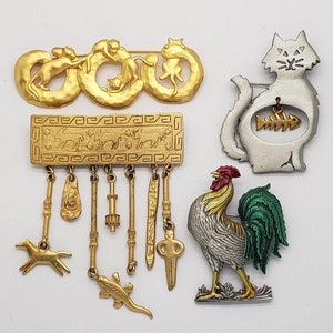 Lot of 4 JJ JONETTE 1980s Vintage Large 24K Gold Vermeil Cat and Southwestern Brooches + Pewter Cat w/Fishbone & Rooster Pins MH-5571