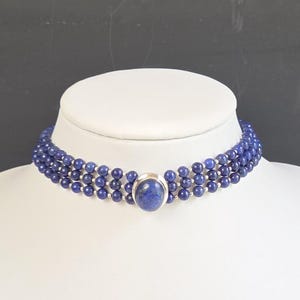 Vintage äkta lapis lazuli massivt sterlingsilver med 3 pärlor, chokerhalsband, 14-1/4" långt med utsmyckad toggle-stängning, 52,98 gram MH-6855