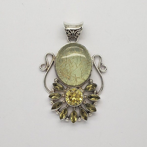 Vintage Large Solid Sterling Silver Pendant w/Glass Rutile & Glass Lemon Citrine Stones 2-5/8" long x 1-3/4" wide 25.8 grams MH-4451sp