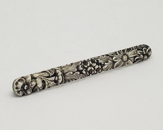 Antique JENKINS & JENKINS Solid Sterling Silver Floral Repousse Bar Pin Brooch 3 Long X 3/8 Wide
