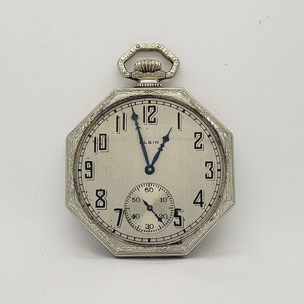 Antique ELGIN Pocket Watch Grade No. 303 Model No. 3 Size 12 with 7 Jewel Movement in White Gold-Filled Octagon Case dated 1928 MH-2045 PW