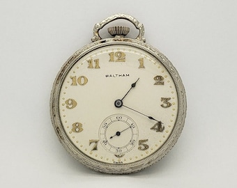 Antique WALTHAM Pocket Watch Grade No. 220 Size 12 with 15 Jewel Movement in Art Deco Era White Gold-Filled Case dated 1928 MH-4359 PW