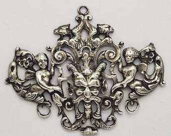 Antique FRATELLI COPPINI Solid 800 Silver Horned God of Wine w/Cherub Angels Pendant 2-5/8&quot; x 2-1/8&quot; circa 1900s made in Italy MH-3002