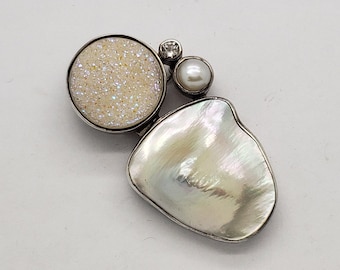 Vintage STARBORN Fine Solid Sterling Silver Iridescent White Blister Pearl/Pearl/White Topaz/Drusy Brooch Pin 2-1/8" long x 1" wide MH-709SB