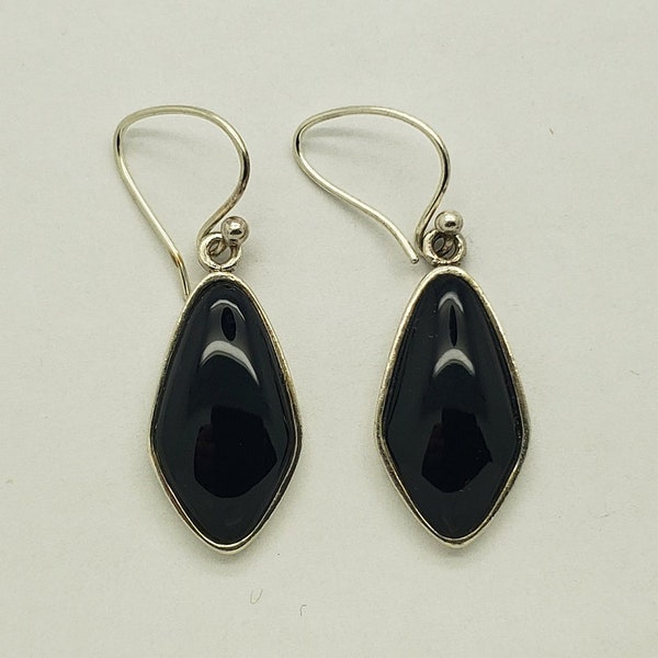 Vintage BARSE Black Onyx Solid Sterling Silver Modernist Dangle Earrings 1-5/8" long x 9/16" wide MH-734 SE