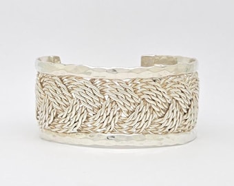 Vintage Mexico Solid Sterling Silver Textured Braided Cuff Bracelet 1-1/4" wide 55.57 grams MH-6990