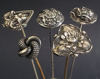 Antique Solid Sterling Silver Repousse Rose Lotus Flower Heart Knot Lion Unicorn Crest Short Hatpins Lot of 5 circa 1900s-1910 MH-5087