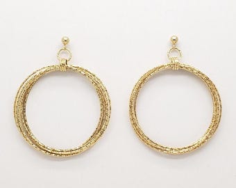 Vintage MILOR 14K Solid Italian Gold Beveled Textured Sparkly Multi-Hoop Post Earrings 2-1/8" long x 1-1/2" across 3.42 grams MH-6021