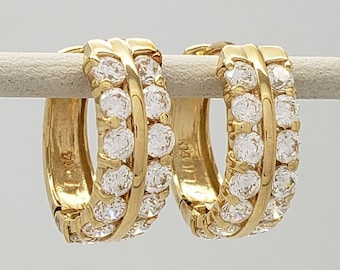 Estate 14K Solid Gold Latch Back Cubic Zirconia Hoop Earrings 5/8&quot; round x 1/4&quot; deep MH-4078 GE