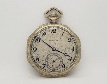 Reloj de bolsillo antiguo HAMILTON Grado No 910 Modelo 1 Tamaño 12 con 17 Jewel Movement en caja rellena de oro blanco de 14 quilates alrededor de 1919 MH-2053 PW