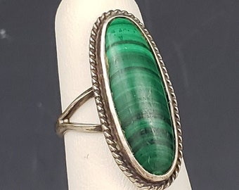Estate Vintage Elongated Green Banded Malachite Solid Braided Sterling Silver Ring w/Split Shank size 4 1/4 Hallmark STERLING TV-29 925