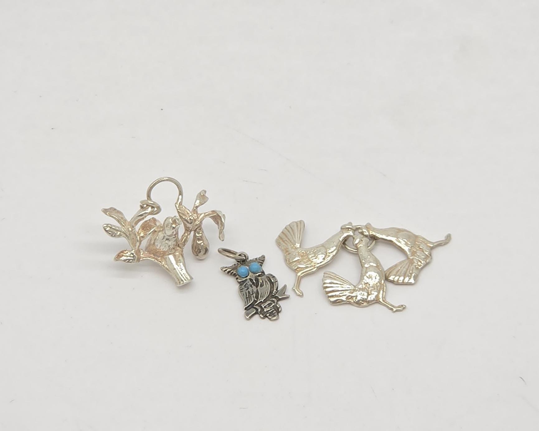 Lot of 3 Vintage Bird Owl Chicken Sterling & 900 Solid Silver Charms for Bracelet 8.65 grams MH-