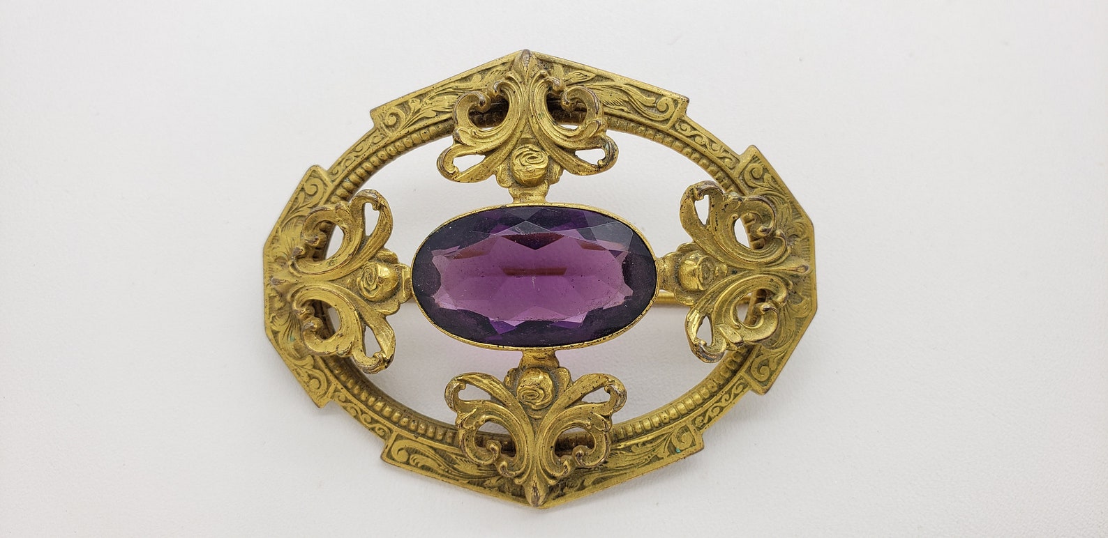 Late Victorian Art Nouveau Era Large Purple Glass Gem Brass | Etsy