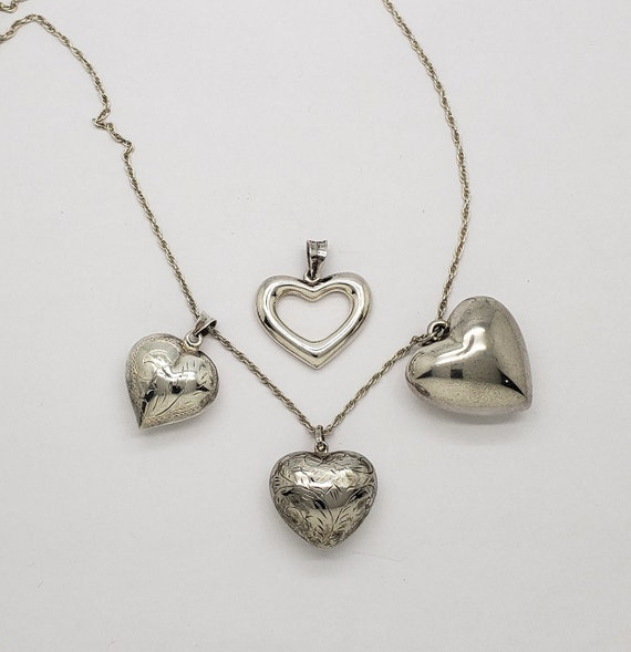 Vintage Solid Sterling Silver Heart Pendants Lot of 4 w Solid Sterling Silver Prince of Wales Chain Necklace 20 long 19.7 grams M5017