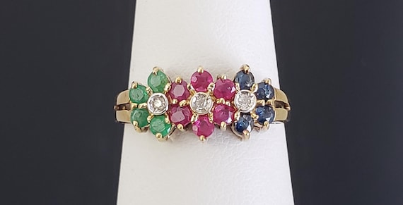 Estate 14K Solid Gold Genuine Emerald Ruby Sapphi… - image 2