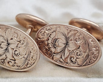 Antique Late Victorian Art Nouveau Era 10K Solid Gold Chased Floral Design Ladies Oval Cuff Buttons or Dress Waist Buttons circa 1900s M5032