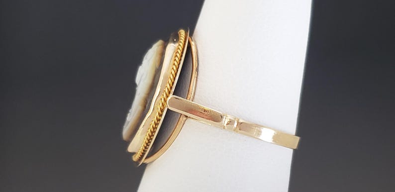 May include: A gold ring featuring a cameo with a profile carving. The cameo is set in a dark oval frame, surrounded by a twisted gold rope design. The ring's band is a simple, polished gold.