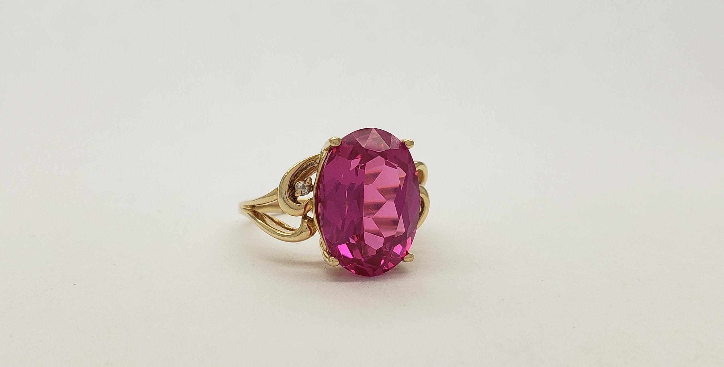 Vintage 14K Solid Gold QVC Diamonique Simulated Magenta Ruby Oval Cut ...